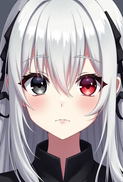 A girl with white hair, black tresses and different eyes. Her right eye is red and her left eye is black with white skin and her features are calm. The way she draws is similar to Tokyo Revengers anime 