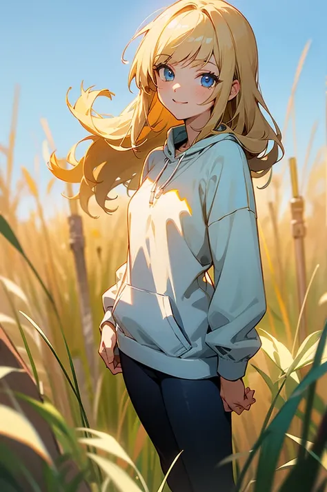 best quality, masterpiece, small breasts, smile, sweatshirt, leggings, outdoors, alone, anime style, grass field, daytime, blue sky, blue eyes, detailed eyes, medium hair, blonde hair, loose hair, bangs,
