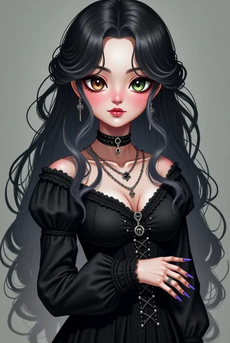 A girl who has wavy hair down to her waist with a black color and gray tips. There is heterochromia, with the right eye in green and the left in brown. Skin a little paler, has rituals carved into the skin (if you can hihi). She is full of silver accessori...