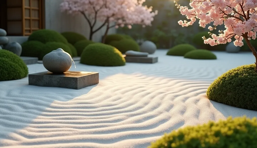 A serene Japanese Zen garden featuring meticulously raked white sand with intricate wave patterns. Large, smooth stones are carefully placed throughout, creating a meditative balance. In the background, a small bamboo water feature trickles into a stone ba...