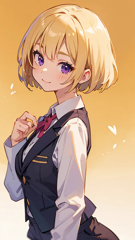  1 girl、8k、Sharp Focus、(Bokeh)(Best Quality)( detailed skin:1.3)(complicated details)(anime)、(blond with a big face)、short hair、bob cut with skindent、Previous、 beautiful purple eyes 、slim body、 from side、Close up of the upper body watching the viewer、white...