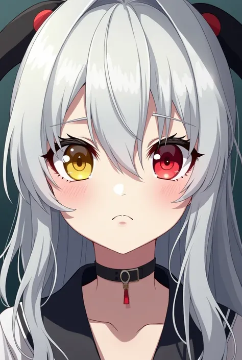 A girl with white hair and black tresses and her eyes are different. Her right is red and her left eye is yellow with white skin and her features are calm. The way she is painted is similar to the Tokyo Revengers anime drawing with black tufts