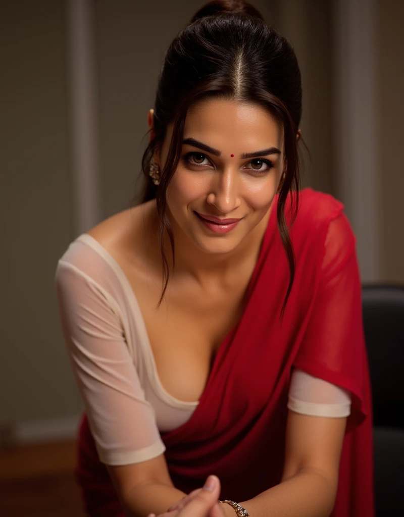 POV of her boss, close up photo of sexy indian secretary , bending over a table, pull down blouse and show her breast, bend over, figure, cleavage, erotic bending over the table, seductive eyes, sultry, look at viewer and subtle smile, half sleeve blouse, ...