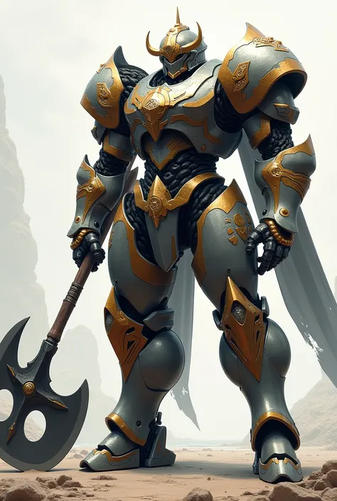 Muscular mecha knight in powerful mecha armor, helmet, details,   Masterpiece , stand full height, holds a huge axe