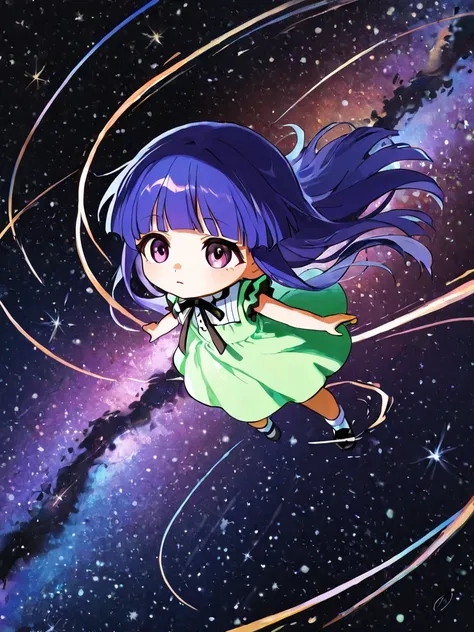   chibi, 1 girl, Alone, rika furude, long hair, bangs, blue hair, purple eyes, blunt bangs, purple hair, green dress
 BREAK
Drifting through space, star々Staring at, Mysteries of the Universe,  Surreal and Fantastic , Ultra High Resolution, cosmic horror br...