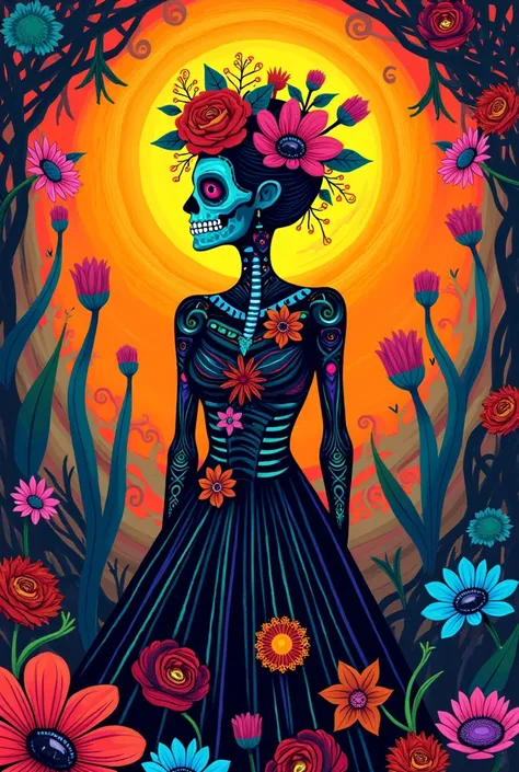 Colourful silhouette drawing in homage to the Day of the Dead in Mexico