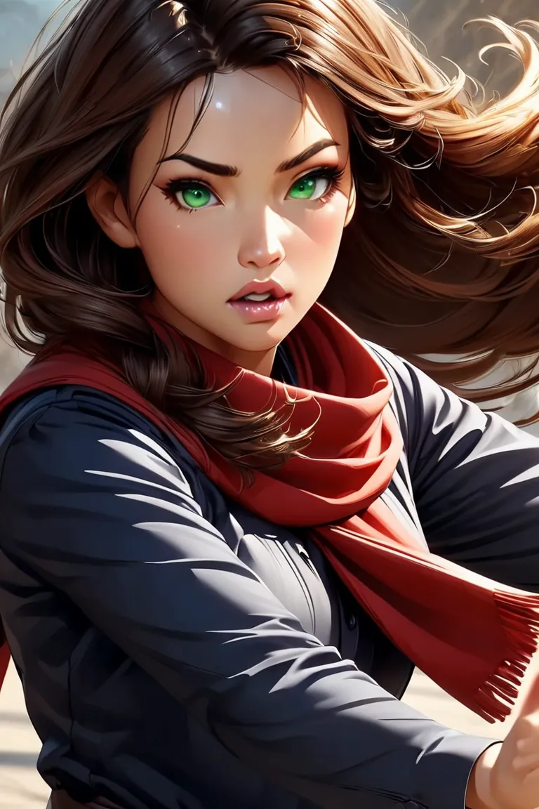 "Anime woman, 25 years , Manga Style, Brown Hair, Green Eyes, Full Lips, Elegant, Action Pose, Realistic Features, Long Hair, Dark Blue Attire, Red Scarf, Full Lips, Realistic Eyes, Perfect Facial Features"Anime woman, 25 years, Manga Style, Long Brown Hai...