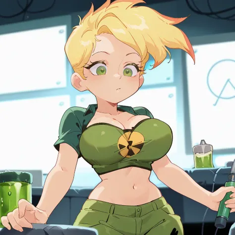 Johnny_Test, streaked_hair, 1girl, blonde_hair, solo, short_hair, large_breasts,, green_tube_top, green_eyes, midriff,
