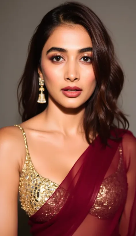 Generate a close up front image of a woman in a maroon semi transparent sleeveless saree. The blouse is golden colour with mirror sequins. It has no sleeves and has a golden satin finish with off shoulder spaghetti strap. One of the straps of the blouse is...