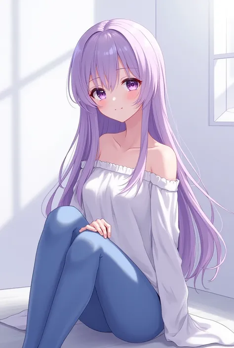 Japanese anime girl with long hair, light purple hair and black-violet mixed eyes, wearing blue pants and she is sitting