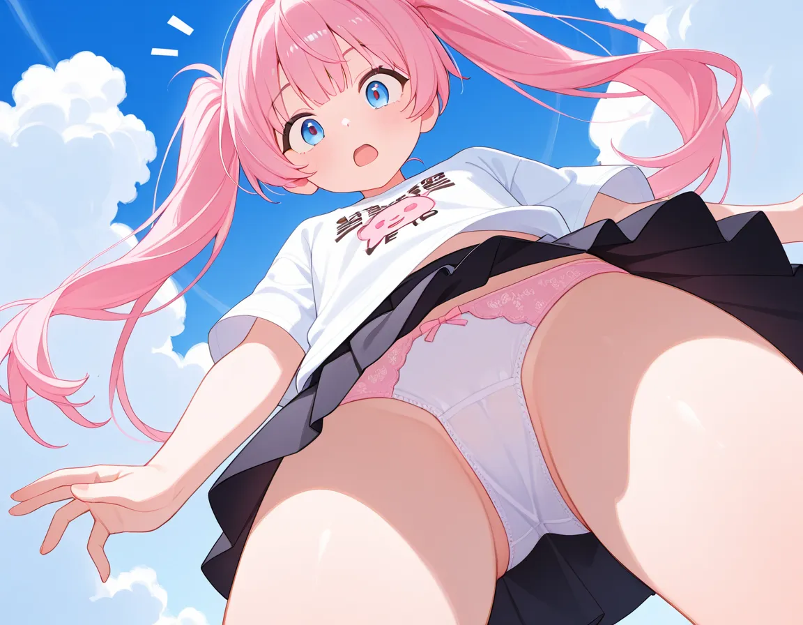 one girl、 pink long hair、twin tails、oversized t-shirt、skirt、panties、viewers next to him、surprised expression、”low-angle perspective, a bright blue sky with open clouds”、stage、close-up panties
