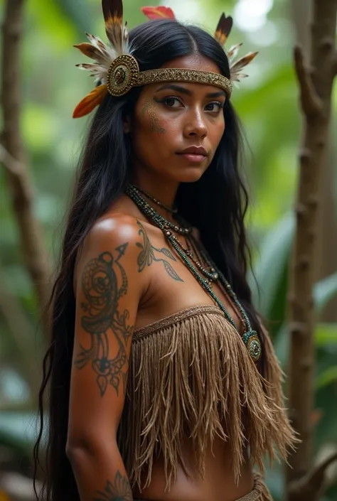 Make an image of a very indigenous woman, with naive paintings on the skin, very straight long hair covering her breasts with feather accessories and a feather skirt and with a jaguar on her side in the woods