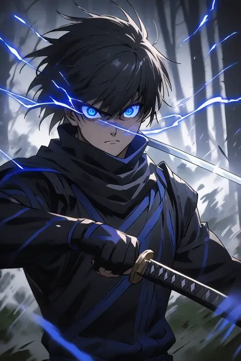 A 19-year-old Japanese warrior with black hair and determined eyes and a mask that covers his nose and mouth, wearing a black ninja costume with details in electric blue. He holds a ninja mask in one hand and, in the other, wield his sword Raikoumaru, that...