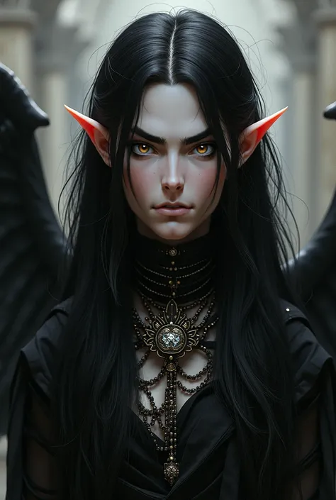 (Masterpiece, very high quality, very detailed representation, amazing high definition, high quality anime drawings), Kokabiel is a tall and thin with pointy ears. 1 man, male, handsome man with detailed face, pale man with long black hair and narrow, red ...