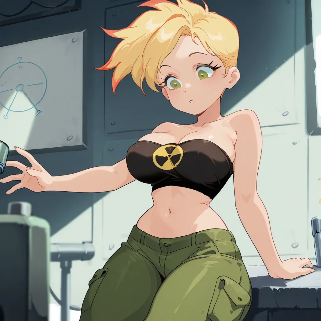 Johnny_Test, streaked_hair, 1girl, blonde_hair, solo, short_hair, large_breasts,, black_tube_top, green_eyes, midriff,
