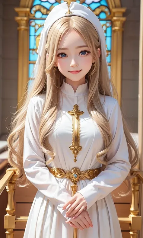 Female, White female saint dress, Curly,  long hair,  Golden-haired, Golden eyes, smile, Anime, Animeสมจริง, Look at the viewer , Accessories, diamond, Candlelight, church, พื้นหลังchurch, Light Yellow Light, sparkle 