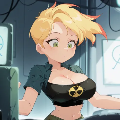 Johnny_Test, streaked_hair, 1girl, blonde_hair, solo, short_hair, large_breasts,, black_tube_top, green_eyes, midriff,
