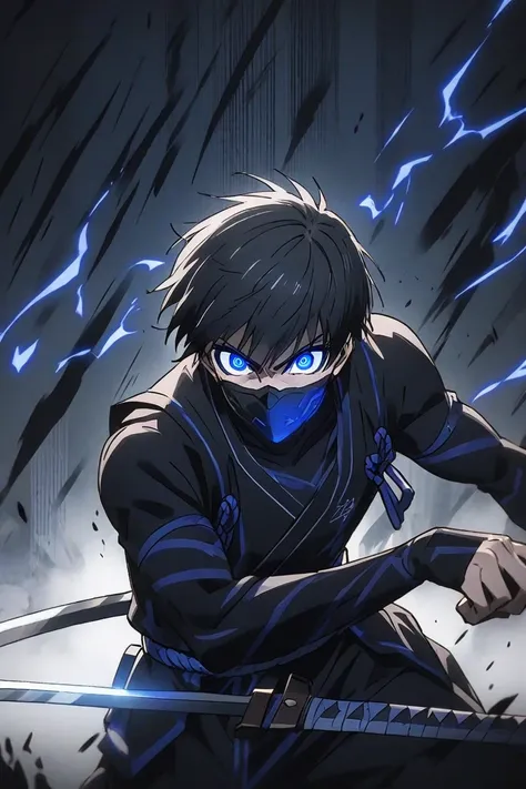 A 19-year-old Japanese warrior with black hair and determined eyes and a mask that covers his nose and mouth, wearing a black ninja costume with details in electric blue. He holds a ninja mask in one hand and, in the other, wield his sword Raikoumaru, that...