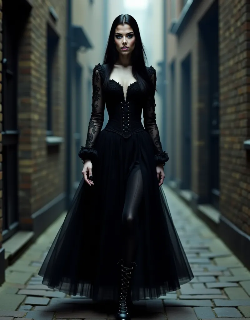 Woman with long black hair with middle parting , Size: 165cm, Weight: 58kg, she doesn&#39;t smile, she is wearing gothic makeup with black makeup lipstick, she walks as a black gothic goddess through the London alleys from the 18th.  century, black long la...