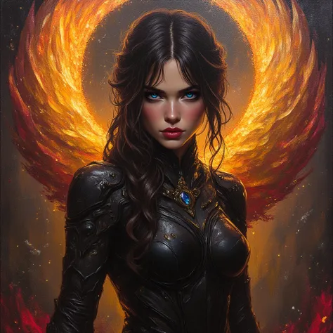 A beautiful black-haired woman, with long hair, pale skin, delicate European features, thick lips, with sapphire blue eyes. With dark reddish makeup.  dressed in a black combat suit . A large Phoenix behind her. In a Destroyed City, Wrapped in flames.  at ...