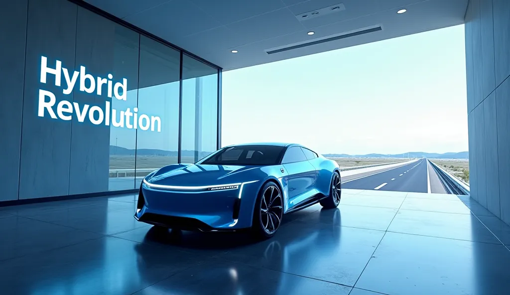 Final Scene: "BYD Seal DM-i exiting showroom, ‘HYBRID REVOLUTION’ laser text, 8K cinematic." Vehicle: BYD Seal DM-i | Color: Glacier Blue | Showroom/Highway Scenes | Far Distance)