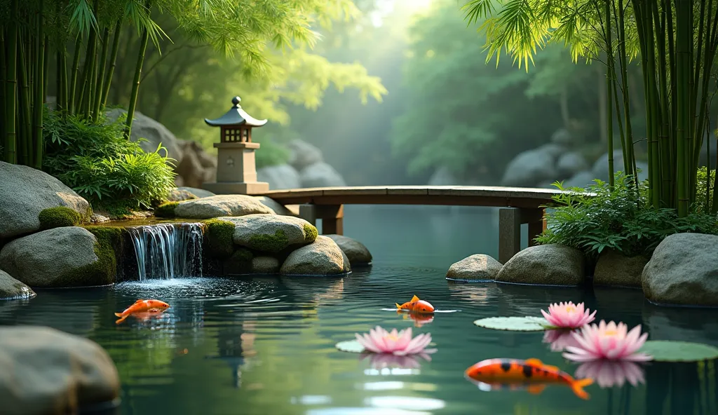 A tranquil Zen garden with a small cascading waterfall flowing over moss-covered rocks into a clear, still pond. Tall bamboo stalks sway gently in the breeze, framing the peaceful scene. A wooden bridge arches over the water, leading to a meditation platfo...