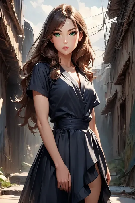 Anime Girl, Manga Style, Brown Hair, Green Eyes, Full Lips, Elegant, Realistic Features, Long Hair, Dark Blue Attire, Front View, Full-Body, Standing Pose, Looking Directly at the Camera, Slightly Tilted Head, Confident and Relaxed Posture