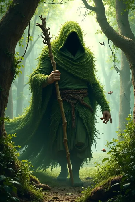 A 35-year-old forest druid, covered with moss and plants, walks with a staff, and the body is not visible because of the cloak and the vegetation on it