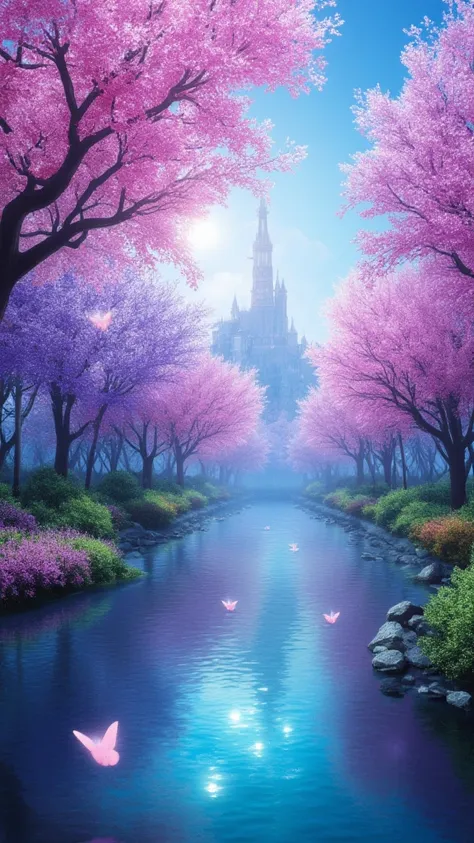 A breathtaking spring fantasy landscape: a glowing enchanted forest with blooming trees in shades of pink, purple, and blue. Sunlight filters through the branches, casting a magical glow. A crystal-clear river reflects the pastel sky, while a floating cast...