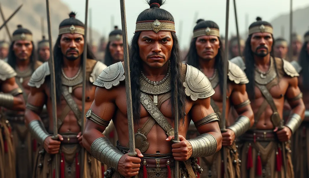 A group of Indian warriors wearing traditional armor, standing together with expressions of fear and uncertainty. They hold their swords tightly, but their faces reveal hesitation and nervousness."
