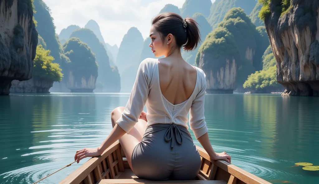 A beautiful thai woman on a long-tail boat sailing near the towering limestone formations of Phang Nga Bay