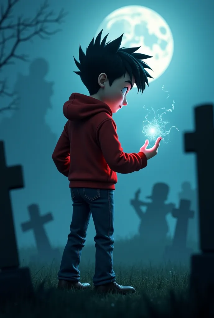 "Norman Babcock, from the animated film ParaNorman, stands in a foggy graveyard, his tall, spiky hair catching the eerie glow of the moonlight. His familiar red hoodie and jeans appear slightly worn, as if carrying the weight of unseen spirits. His eyes, g...