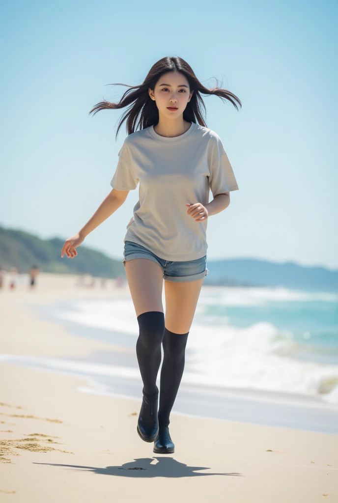 name：Liu Wenjie，age：，high：175 cm ，figure：medium，hairstyle： long hair，apparel：T shirt，Short shorts，Ultra thin black stockings，Long boots，Run to me on a sunny beach