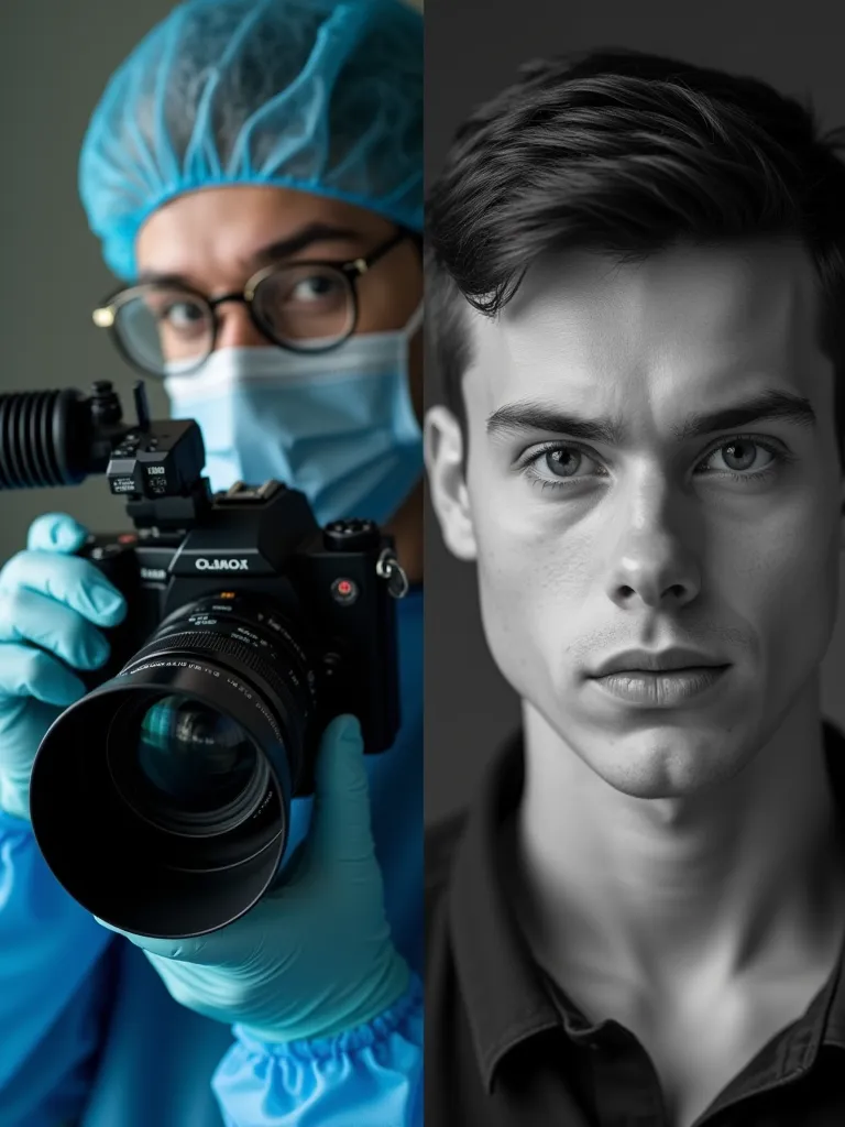 Image is a split-screen layout featuring two distinct sections. On the left, a close-up photograph shows a person with light skin wearing glasses and a blue protective suit, holding a large, professional camera with a bellows extension, suggesting a forens...