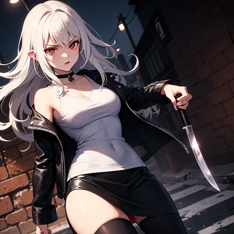 In the middle of the night, he raised a knife in an alley, and his face distorted as he was furious, A tall female assassin with long white hair, red eyes, and sharp eyes wearing a black leather jacket and leather skirt on a white t-shirt and a choker wear...