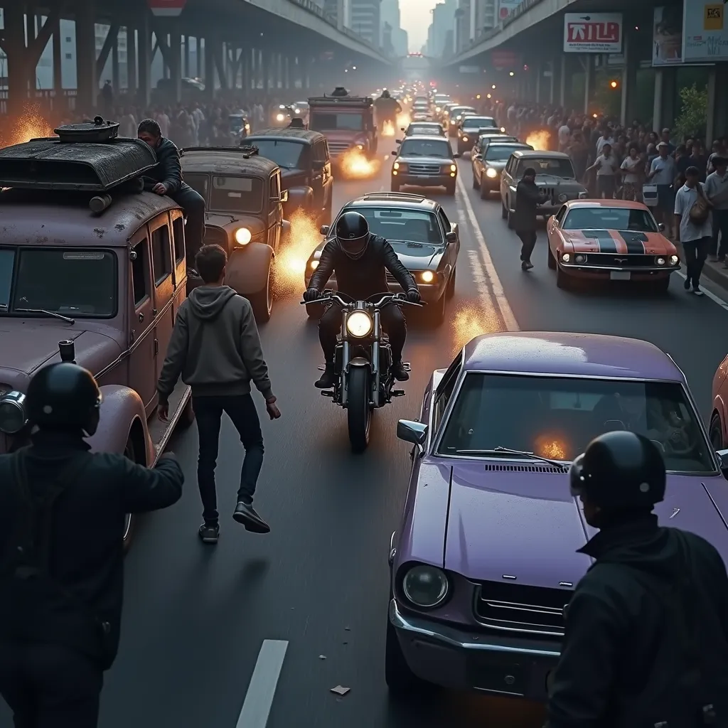 "Create a chaotic and action-packed scene on Avenida Brasil in Rio de Janeiro. A motorcyclist wearing a motorcycle helmet rides a sleek, lilac-colored bike, being shot at by heavily armed traffickers inside a rusty, MadMax-style car. The traffickers are le...