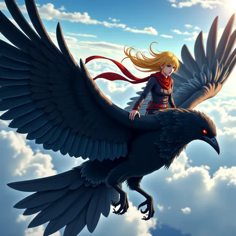 "(masterpiece, ultra detailed, high quality:1.2), Anime Style, golden-haired, dark-eyed kunoichi, Edel traveling through the air above a huge black raven, tsuki , wings spread across the sky, dark feathers reflecting the light of the moon or the sun, Edel ...