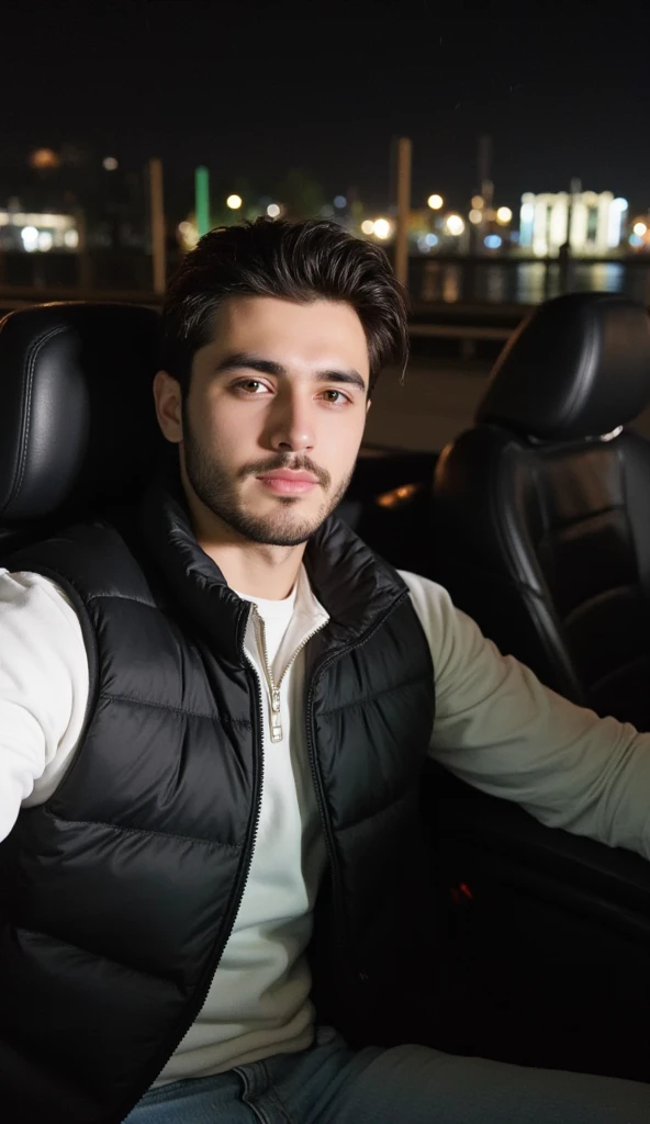 a handsome young turkish guy with muscle, dark very short hair fade middle parting and goatee beard  he wearing a white halfzip sweatshirt and a black puffer vest and a light loose jeans he is in a cabrio car with black seats amateur photo random picture a...