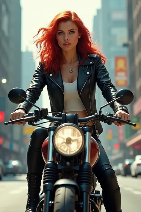 A young athletic woman with red wavy hair rides her motorcycle through the city.  She is wearing a black biker leather jacket ,  a white t-shirt ,  black cargo pants and black lace-up boots 