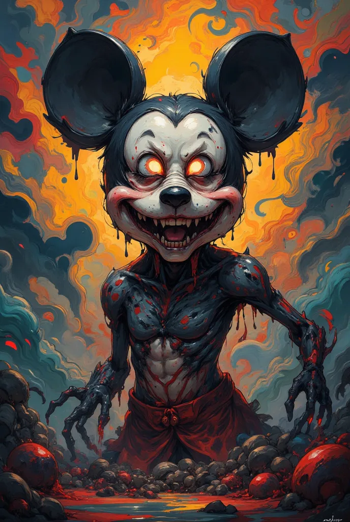 anthropomorphic horror mickey mouse waving,Hallucinatory Art , dmt Death of Ego , Psychedelic Horror , Highly Detailed Fantastic Art , DMT Egodes ,Shamanic Fear  、LSD art,  Poison and Disney Mix ,Gross