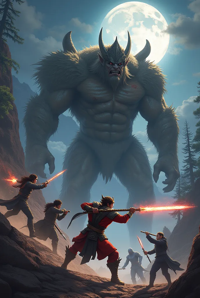 The Five Protectors in Action
King in combat — The leader of the Protectors wielding his indestructible sword against a gigantic beast, with his determined eyes and the scar highlighted.
Tôrum delivering a blow — The warrior of extraordinary strength brand...