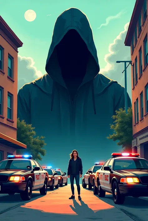 The shadow of a hooded man with a smiling woman and several police cars in a quiet and simple city. The style is in colorful design and  