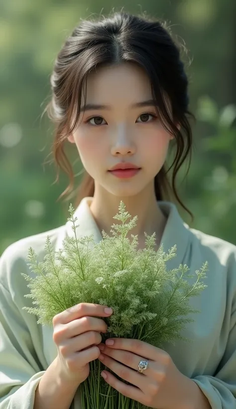  The young woman is Korean and she is taking wormwood and showing it to the camera.