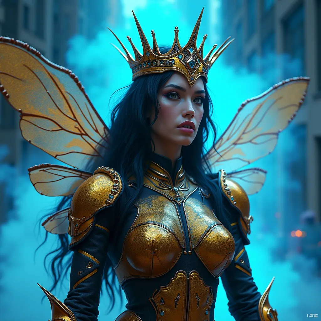 ((RAW Photo), absurd, (absurdresolution)), masterpiece, best quality, (Extremely detailed 8k unity CG wallpaper), (best illustration), (best shadow), Realistic lighting, beautiful, a warrior superhero woman queen looking like a bee, gold and black , wearin...