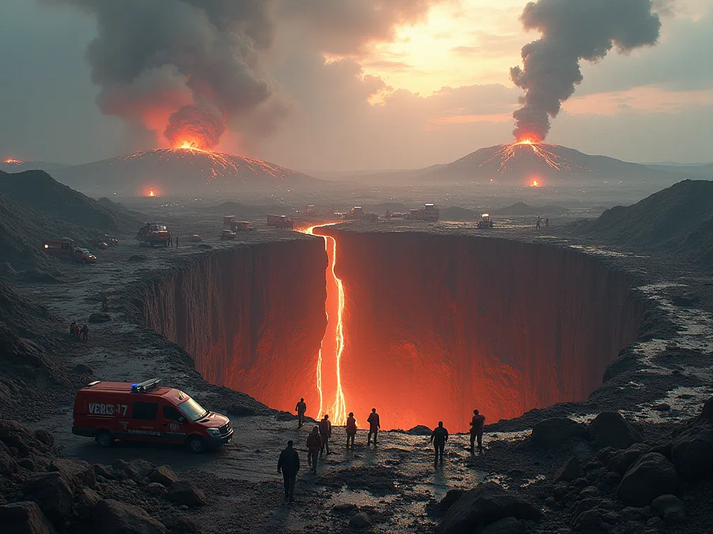 Image of a large crack, surrounded by people and rescue teams, ambulances, volcanoes still erupting, chaotic scene, realistic 4k detailed image