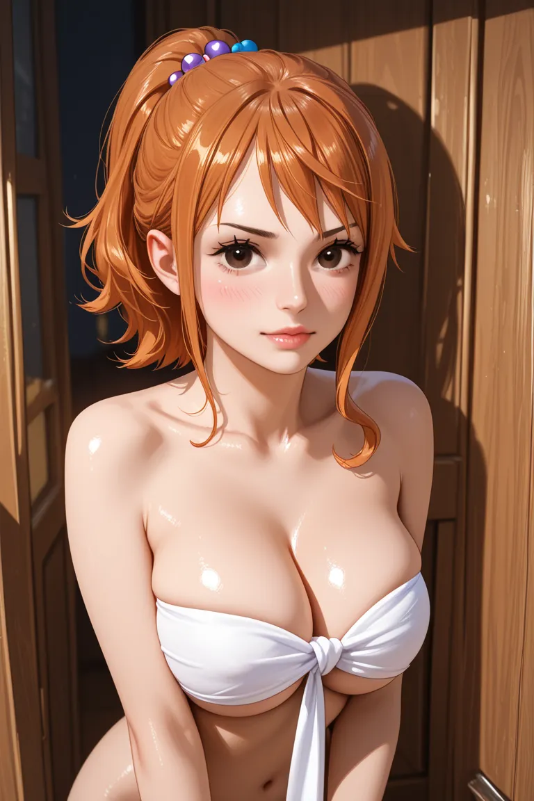 Naked woman with realistic tits with one piece Nami cosplay 