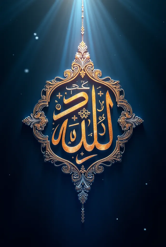 
"A breathtaking Islamic calligraphy artwork featuring the name 'Allah' in elegant Arabic script. The calligraphy is illuminated with golden and silver accents, glowing against a deep, celestial blue background. The design is inspired by traditional Ottoma...