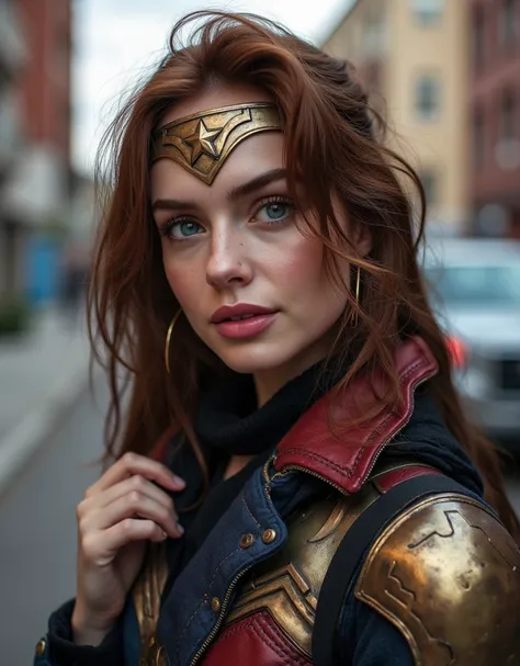 score_9, score_8_, score_7_, best quality,  clean contours ,  eye detail , bettereyes,  detailed_eyes, to break, Gomory, Alone, blue eyes, full lips, PINK LIPSTICK, Slight smile, big boobs, detailed skin reddish brown hair, Loose hair, Wonder Woman armor, ...