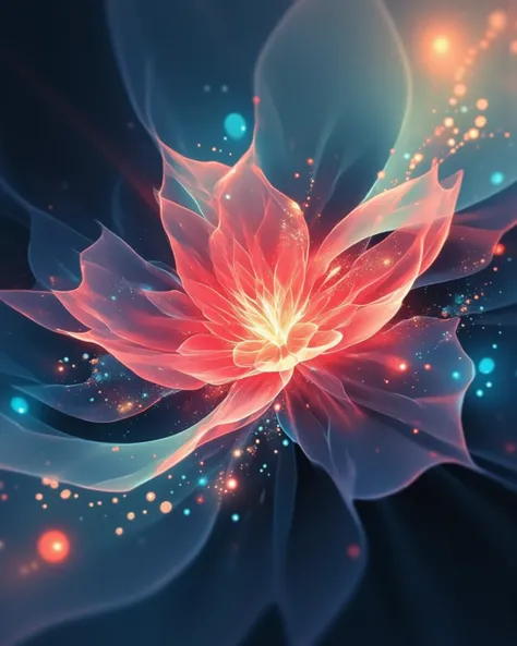 luminous flower,  glowing abstract flower, red flower, pale color, translucent, blue theme, gradient background, flowing line, (masterpiece, best quality:1.2) 