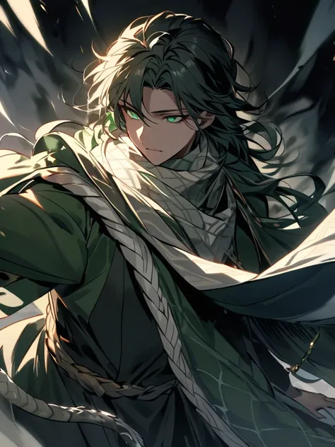 A human-like appearance, but imbued with charm and inquisitiveness. He has long hair that is completely black with slightly silver lines, resembling wolf fur that reflects light when moving. His eyes are dark green like emerald, but when angry or energized...